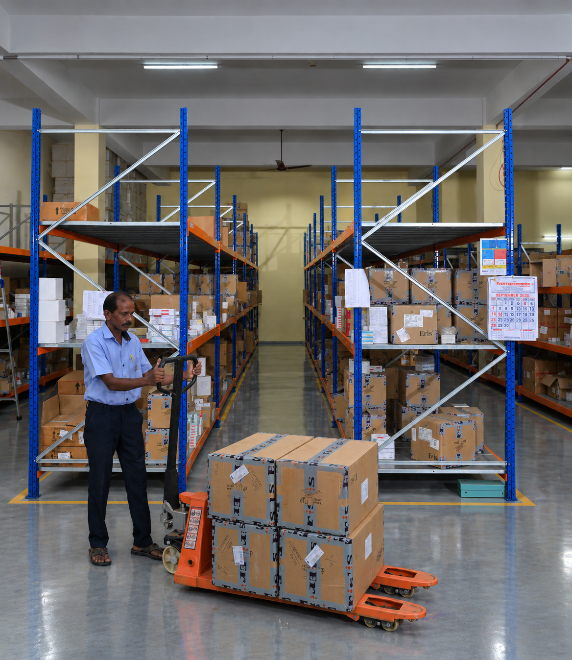 Warehouse worker moving pharmaceutical stock